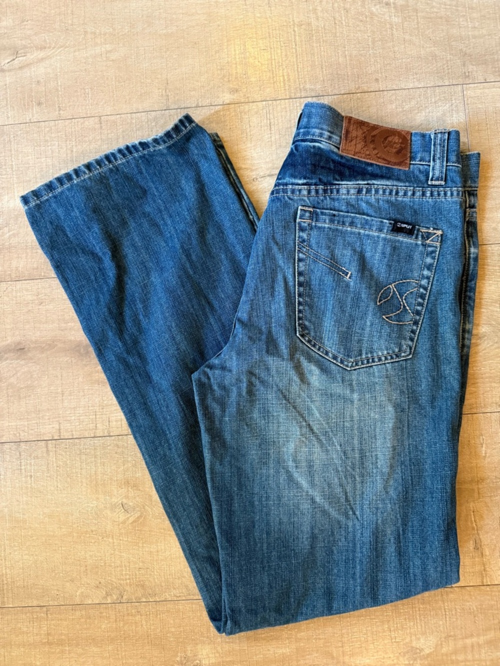 Y2K split Blue straightleg Denim Jeans 32 (actual 33) embroidery grunge skate